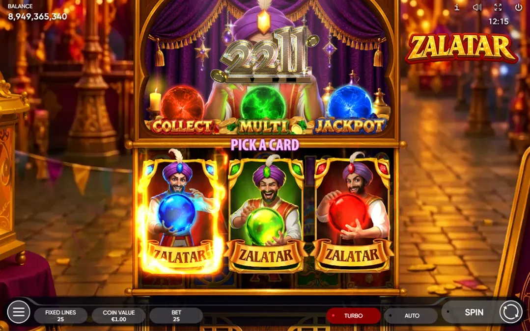 Interface do jogo de slot Zalatar com elementos místicos e orbes coloridos